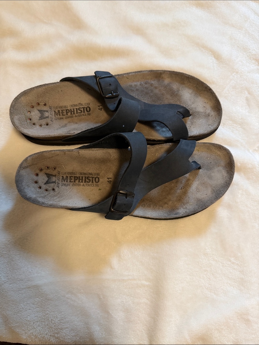 Mephisto Dark Navy Blue Leather Buckle Toe-Post Sandals